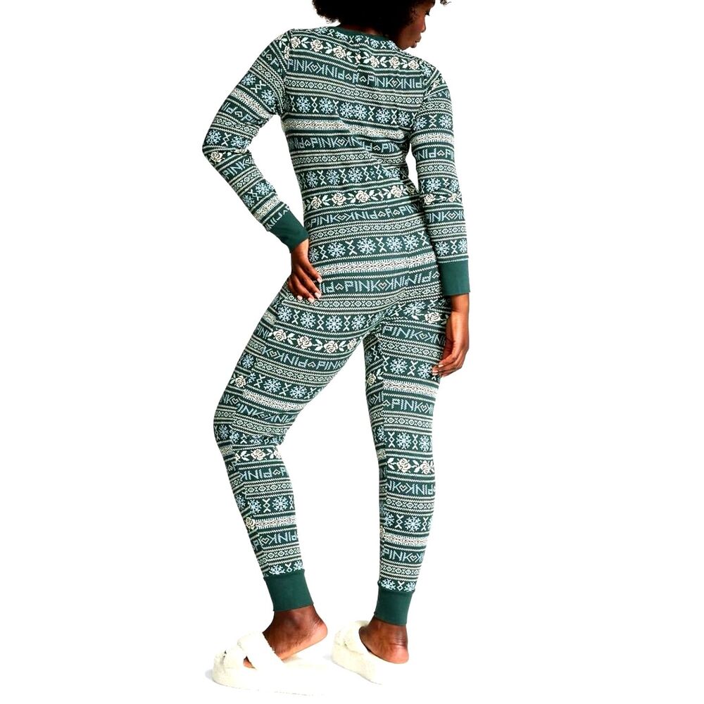 PINK Victoria's Secret Thermal Henley Onesie Pajamas Fair Isle Green L EUC
